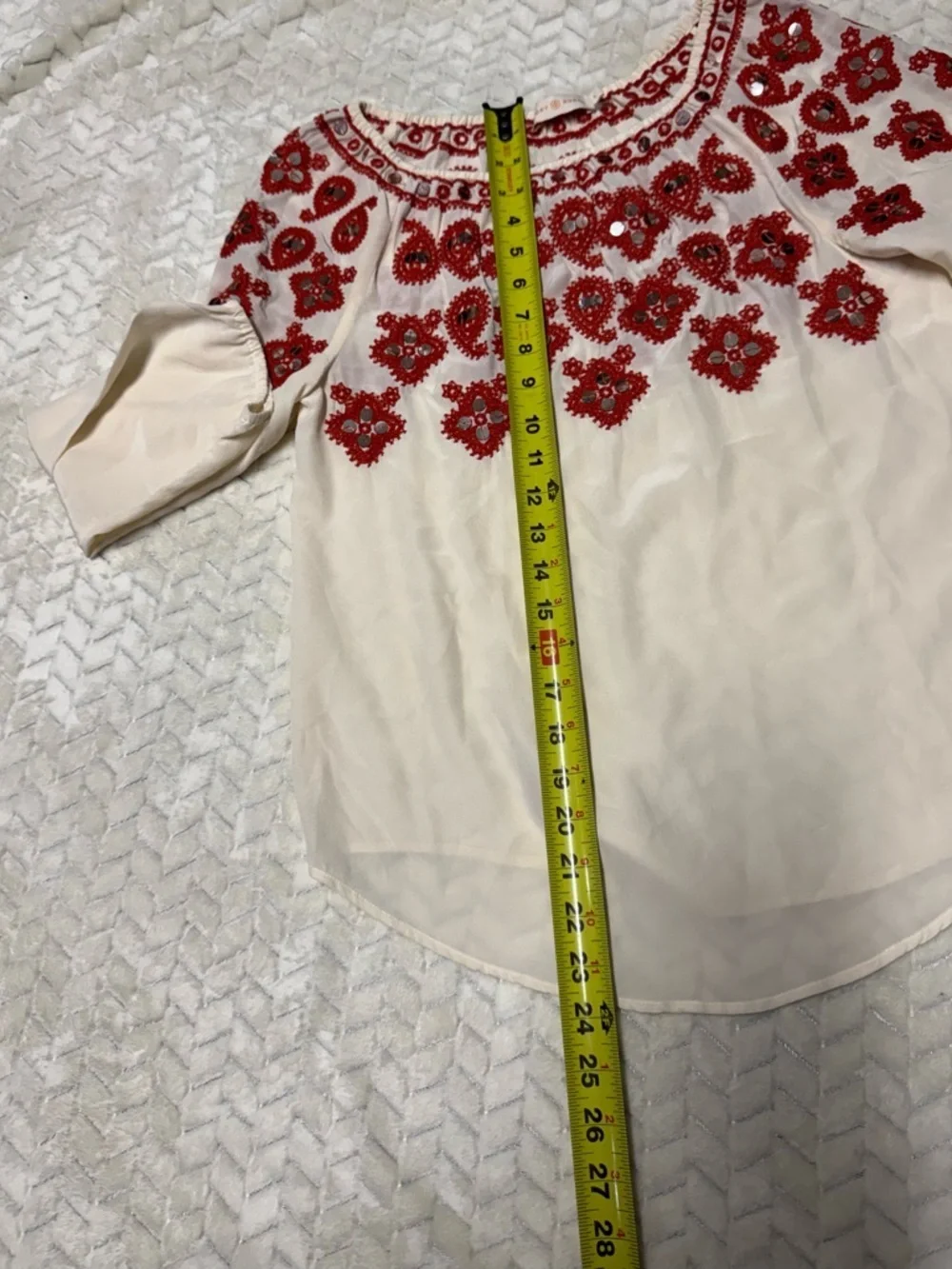 Tory Burch Cream Blouse with Red Embroidered Yoke
